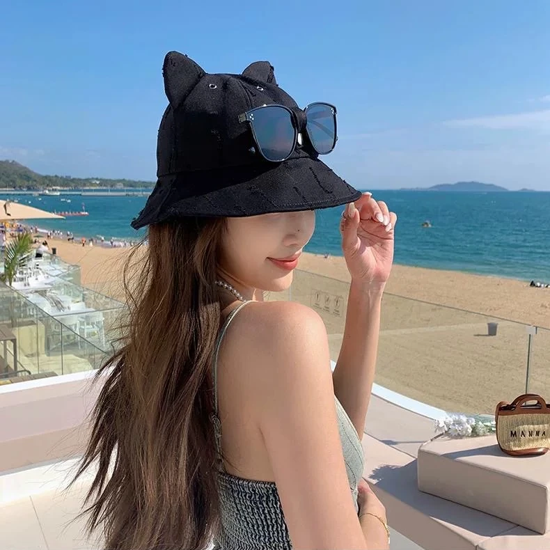 猫耳朵墨镜渔夫帽女春夏亲子款网红个性ins潮酷女孩水洗复古盆帽