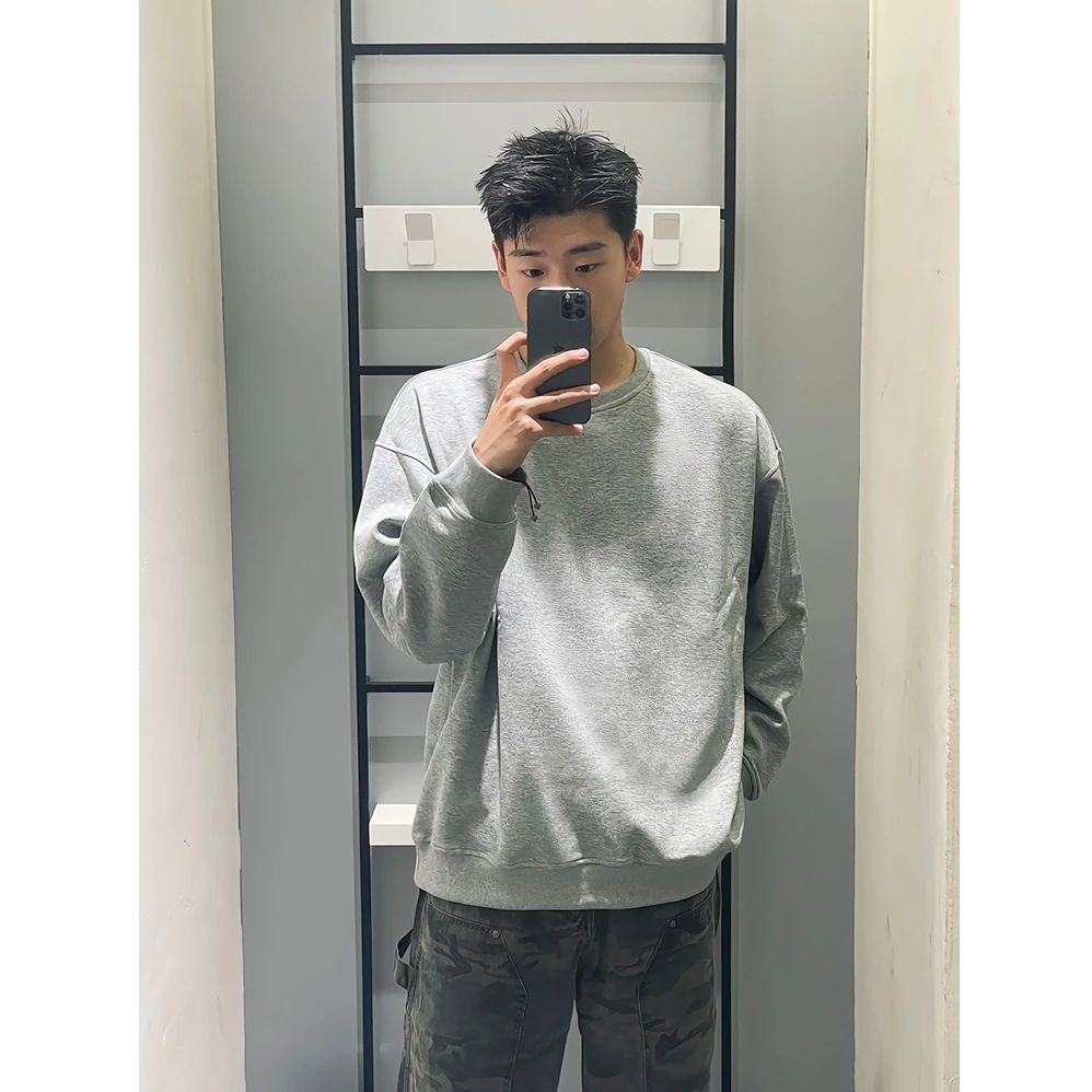美式重磅浅灰色卫衣男圆领内搭情侣休闲长袖秋冬新款纯色打底衫