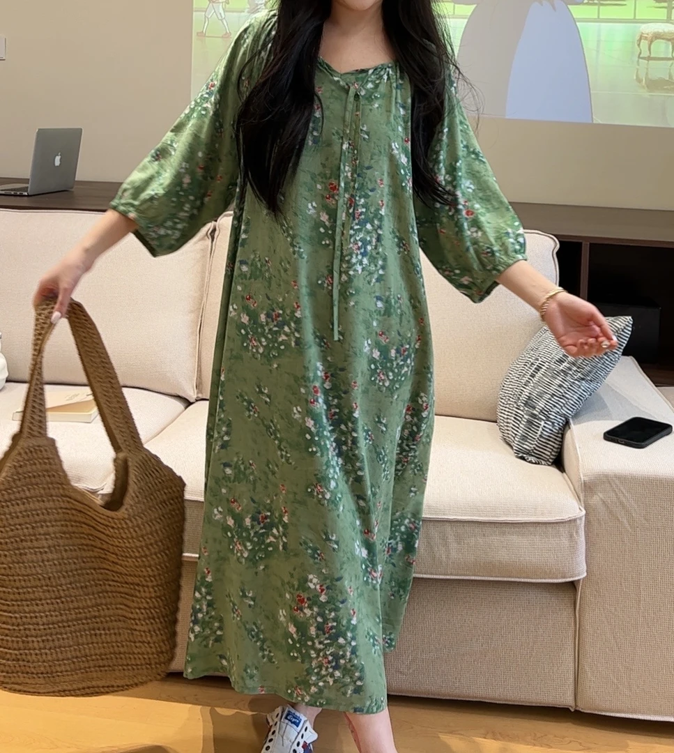 2025新款法式复古蝴蝶结印花中袖睡裙女春夏款大码宽松家居服裙子