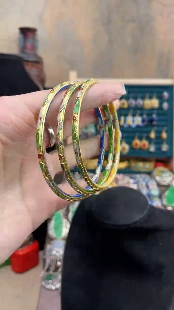 非遗手工景泰蓝金地细镯子三个