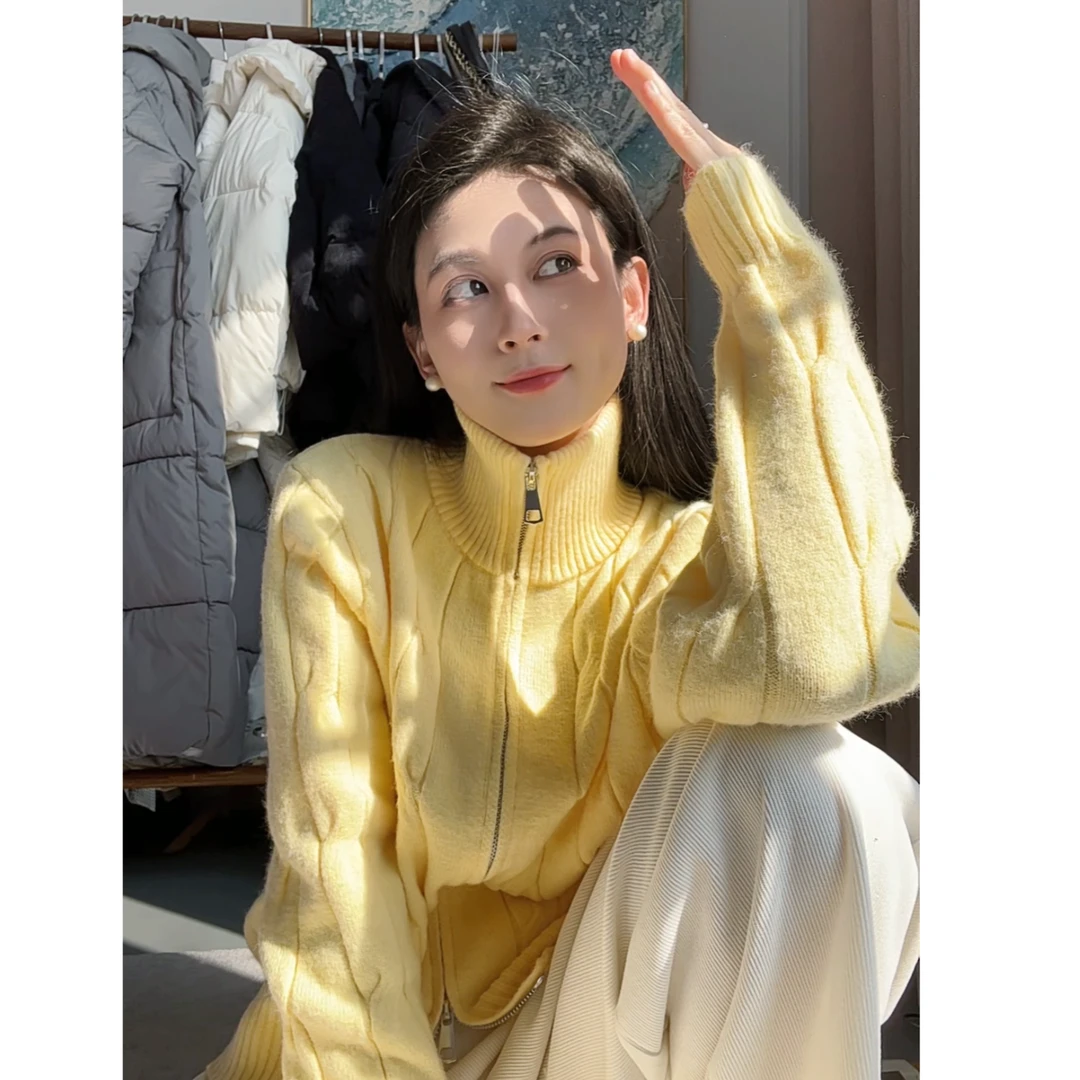 高领双拉链毛衣外套女2025新款早春宽松设计感洋气长袖针织衫上衣