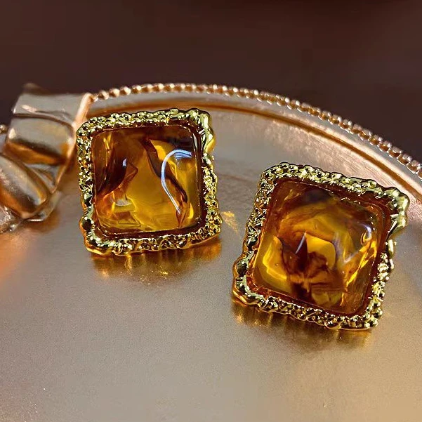 铜合金石英石耳饰 【金韵流光】气质时尚百搭法式不规则镶嵌耳饰