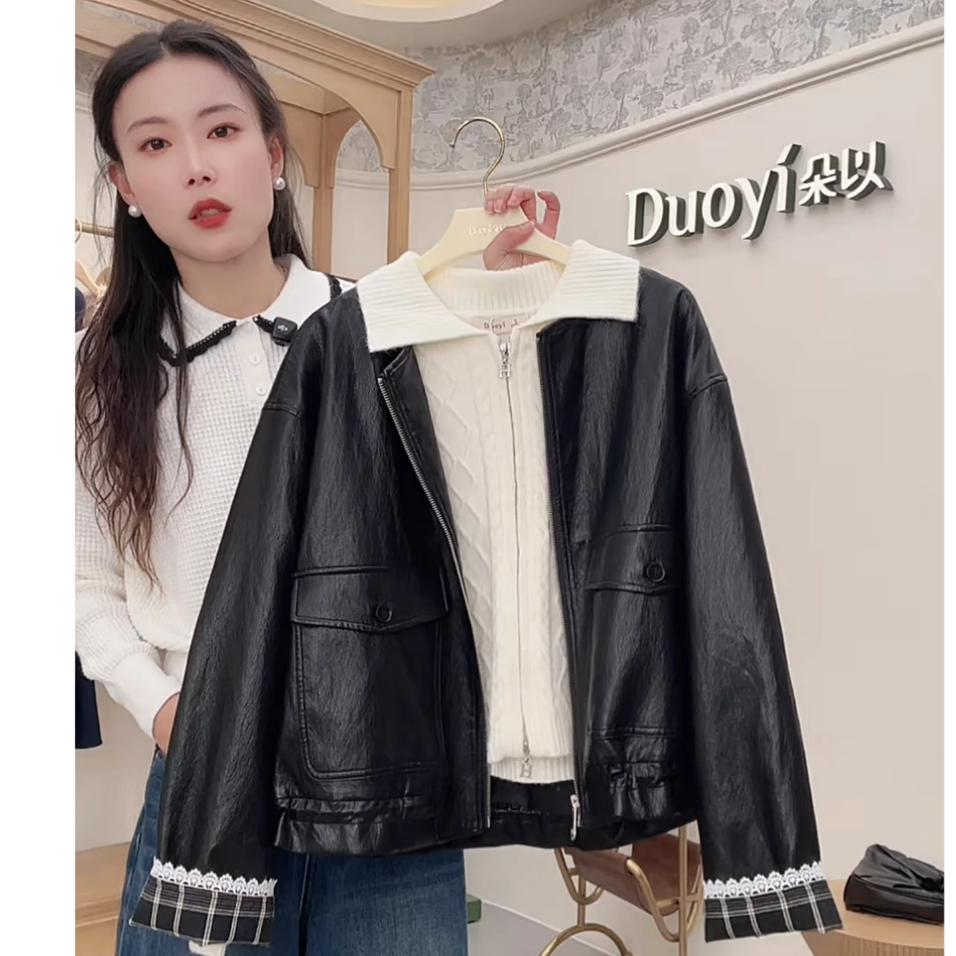 朵以2026春季新款休闲百搭时尚拼接蕾丝宽松皮衣外套41VC437026