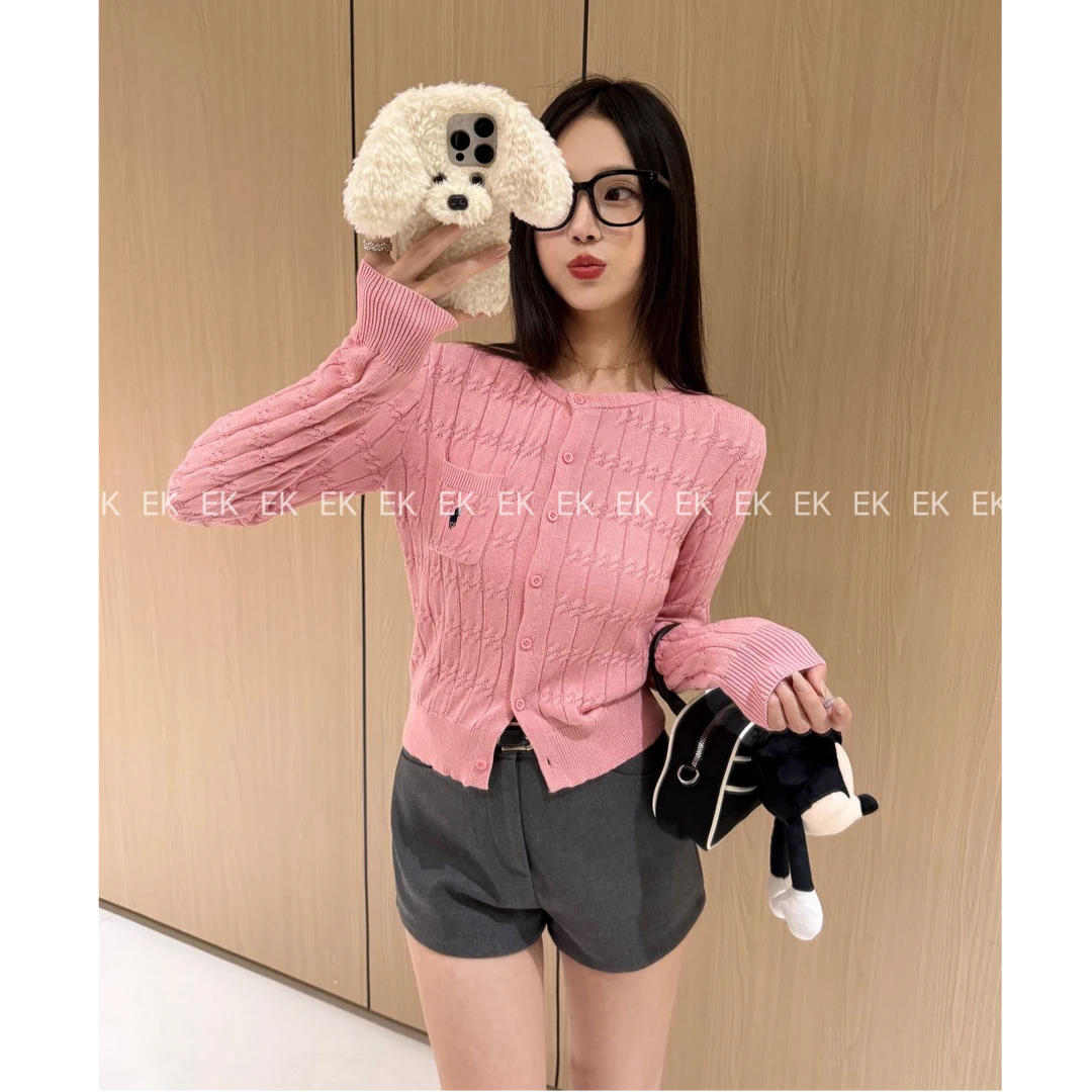 韩系甜辣妹坑条纹理圆领针织开衫女秋冬修身短款刺绣上衣295