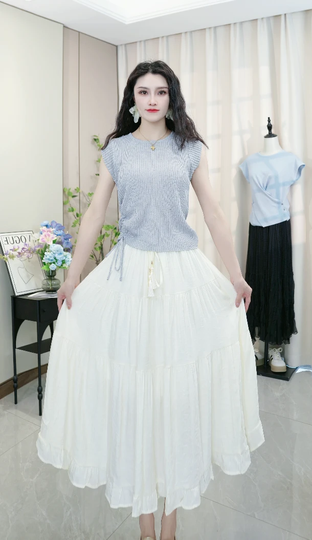 新款文艺复古系带半身裙女春季中长款蛋糕裙女字大摆长裙子