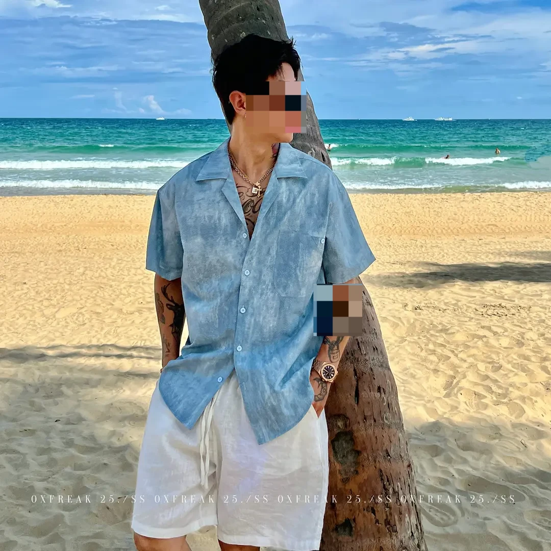 OXFREAK「冰蓝扎染泡泡纱」老钱风古巴领褶皱短袖衬衫男宽松衬衣