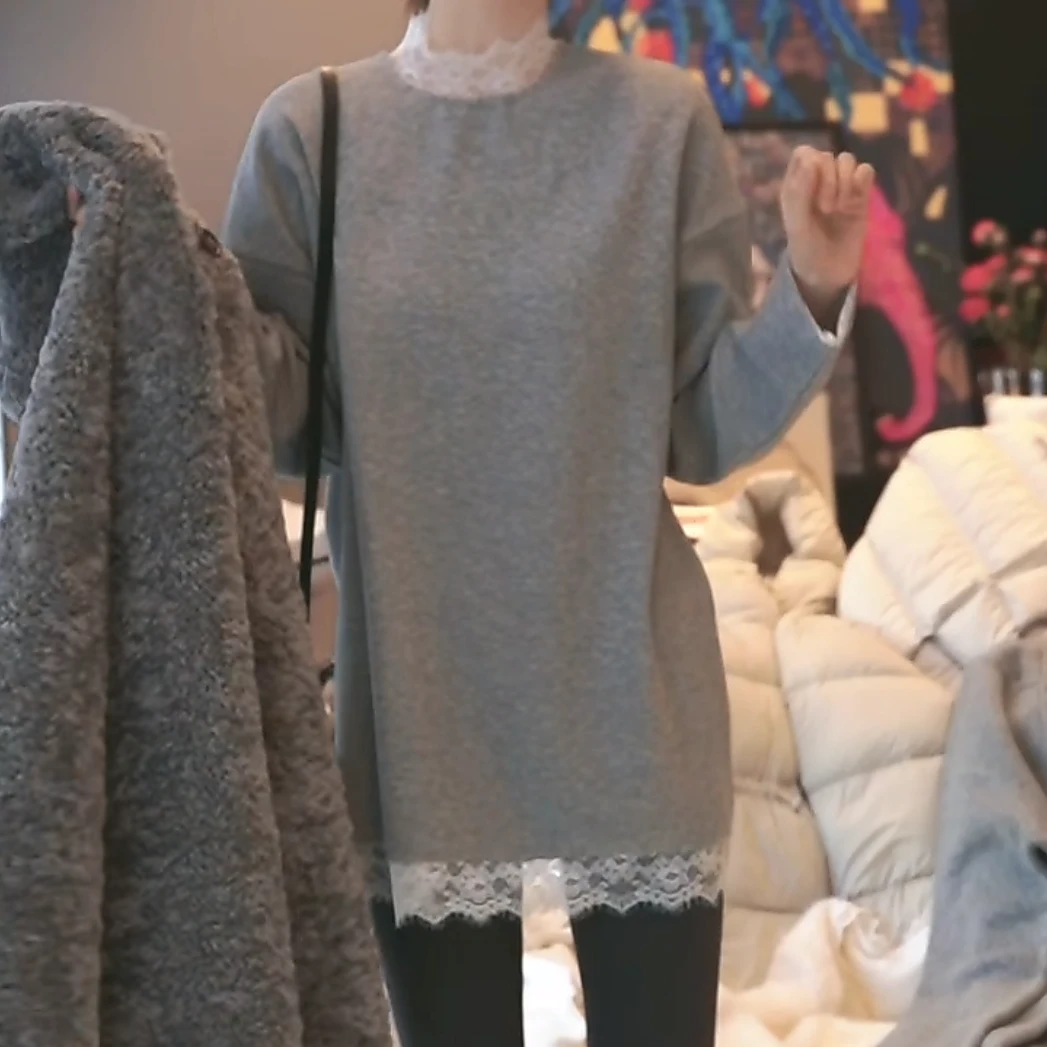 设计感简约风白色蕾边花边长袖T恤女秋冬2024新款女士打底衫