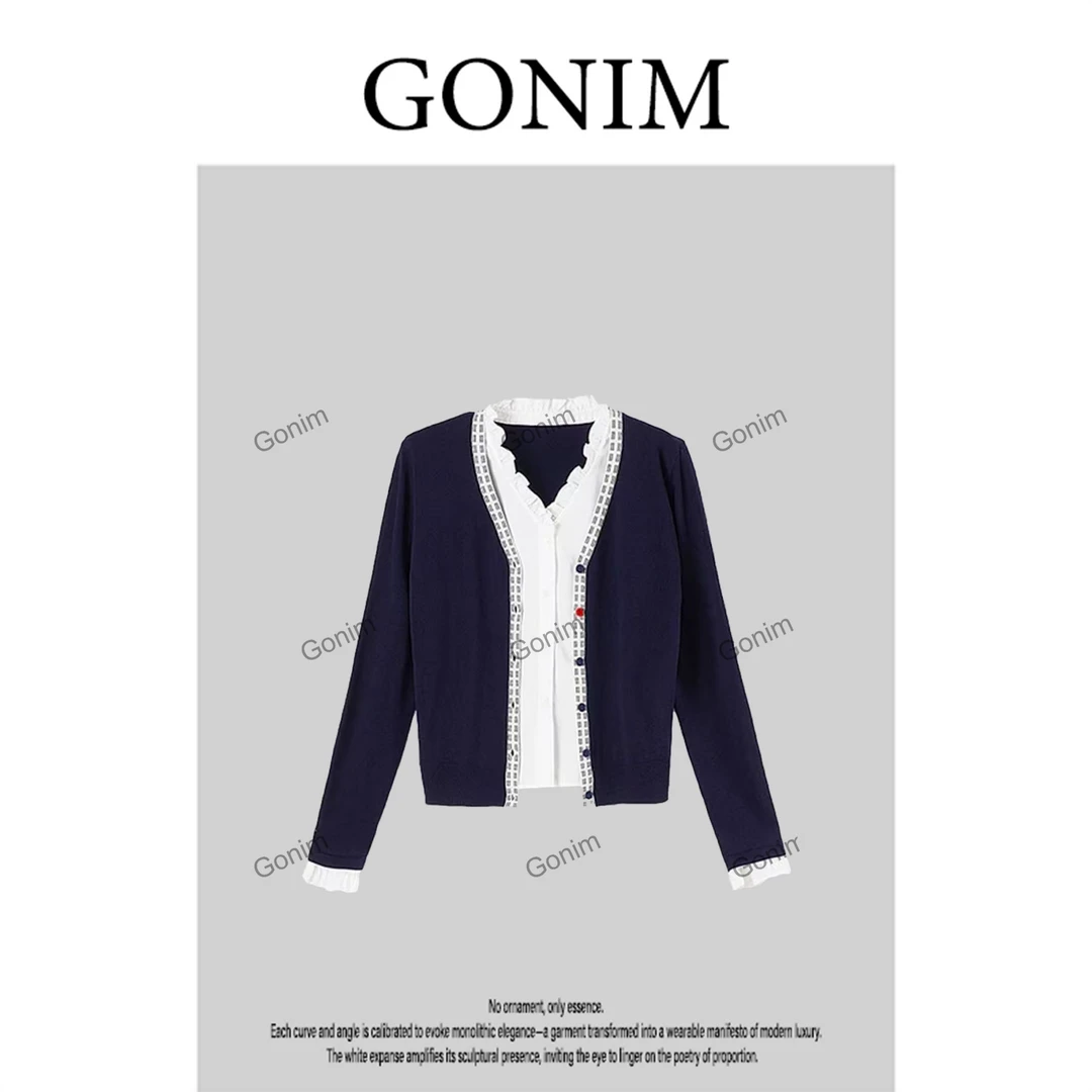 Gonim·‘’气质风‘’2025早秋针织女时尚门襟气质套头假两件上衣女