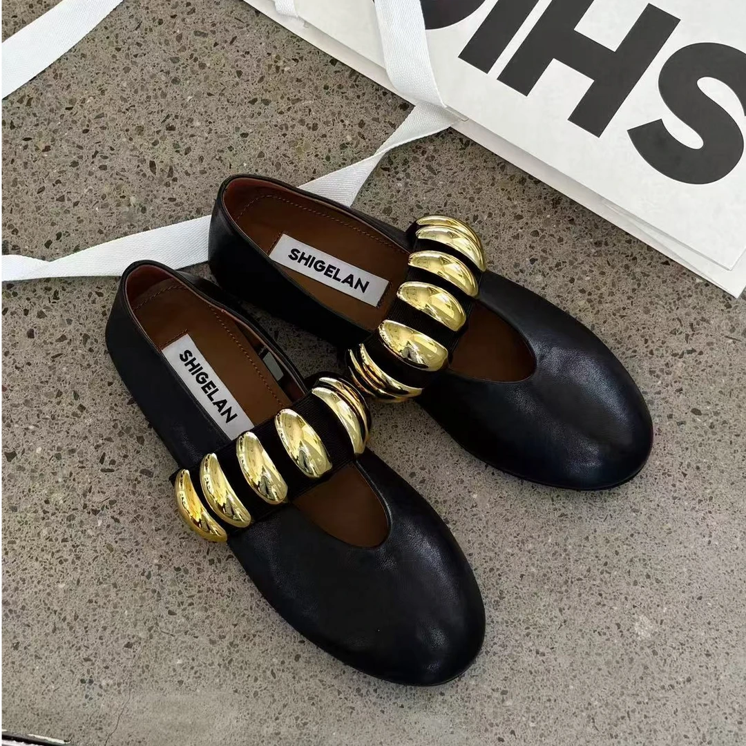 诗歌兰女鞋2025新款时尚真皮百搭圆头一字带平底玛丽珍鞋浅口单鞋