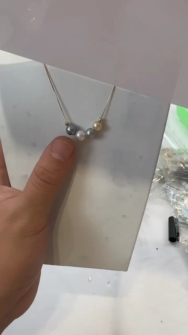 吊坠(赠链)银S925镶嵌海水珍珠6-7mm 混彩4珠微笑链-孤品