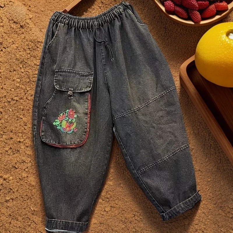 文姐服饰[246]砂洗牛仔休闲时尚刺绣松紧腰休闲裤宽松秋冬