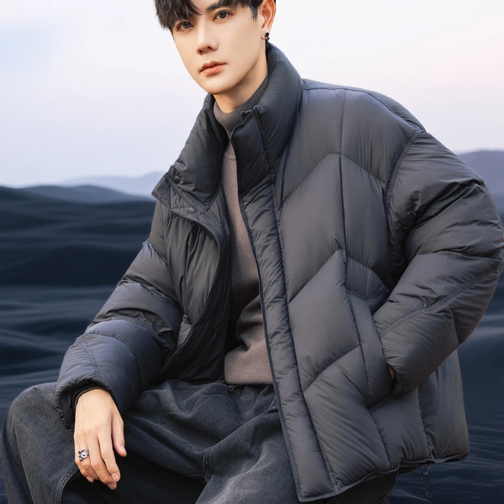 巴赛娜缇时尚加厚立领短款羽绒服男士新款冬季极寒超厚面包服外套