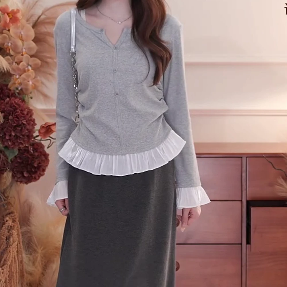 假两件v领长袖t恤女2025新款设计感修身T恤上衣C6036