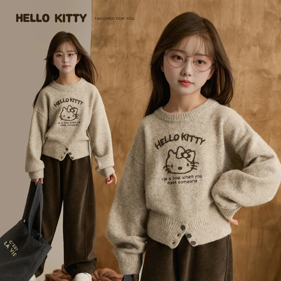 【燕麦奶咖】女童KITTY猫圆领毛衣秋季亲子装短款上衣8934DH