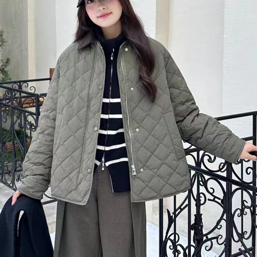 OYE2025冬季新款韩版灯芯绒翻领拼接菱格棉服外套女显瘦百搭款女