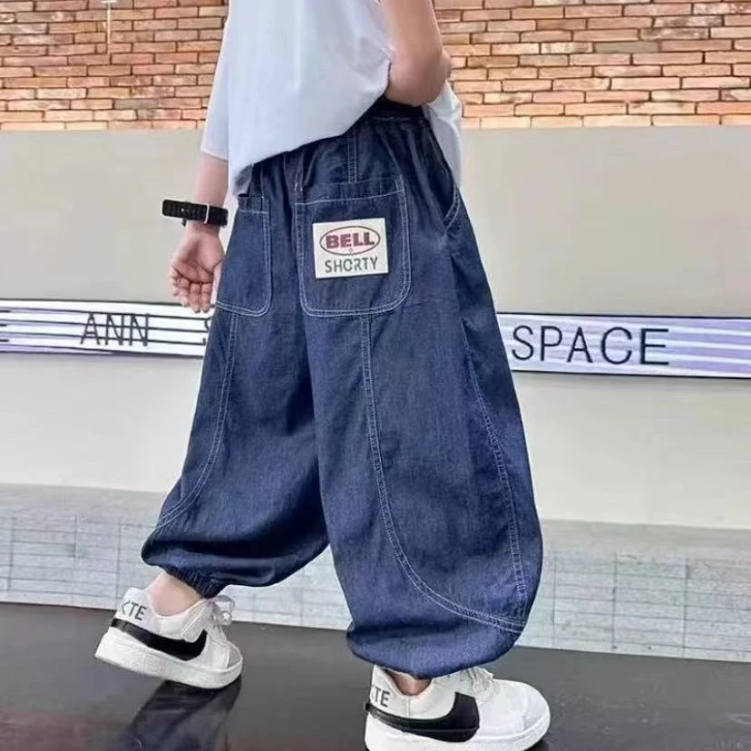 潮童bi备款~25新款早夏薄款天丝刺绣百搭宽松中大童休闲裤S8336