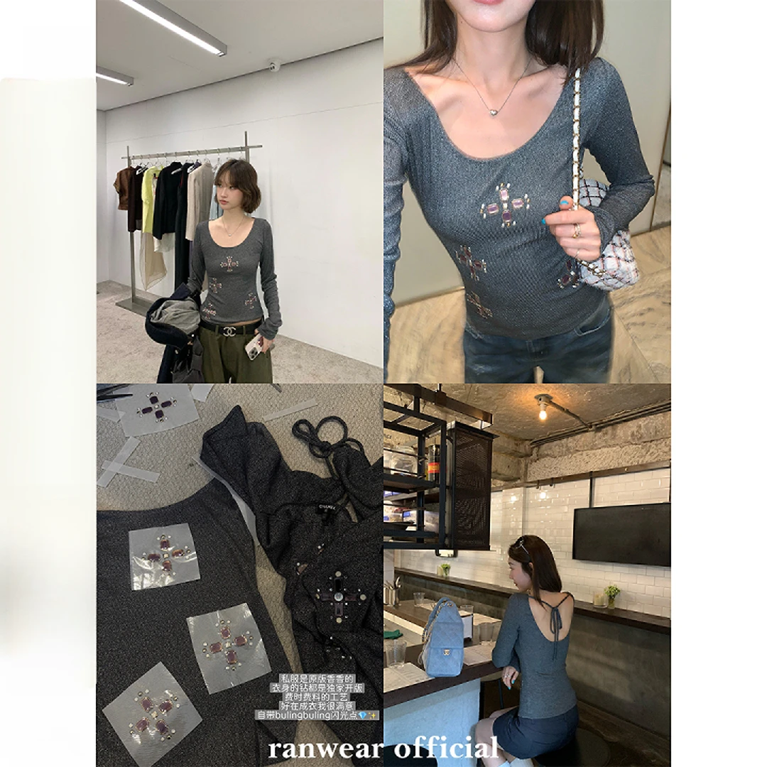 Ranwear 香家中古!du家开版设计感U领修身绑带露背弹力上衣
