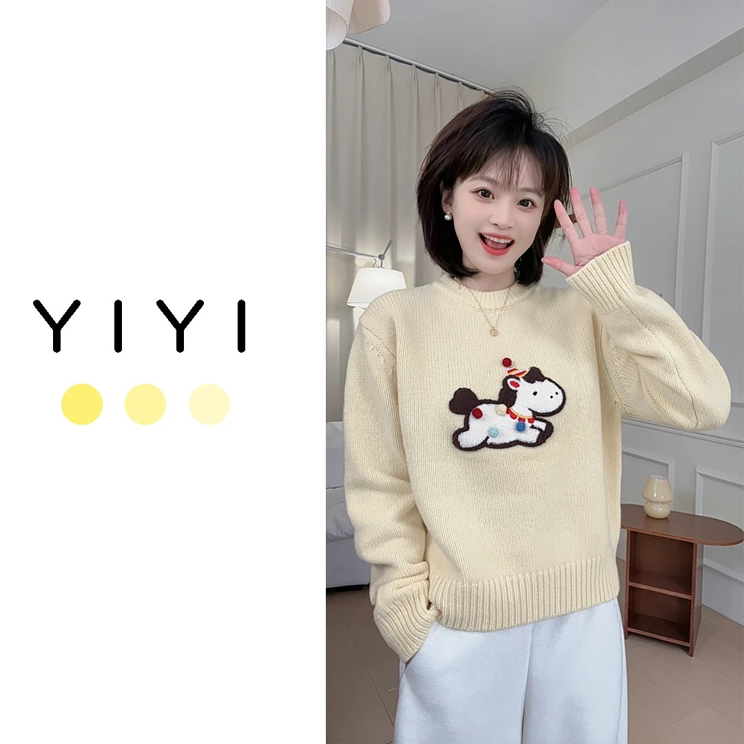 【YiYi】彩虹小马~韩系厚款全羊毛小马立体刺绣圆领套头羊毛衫