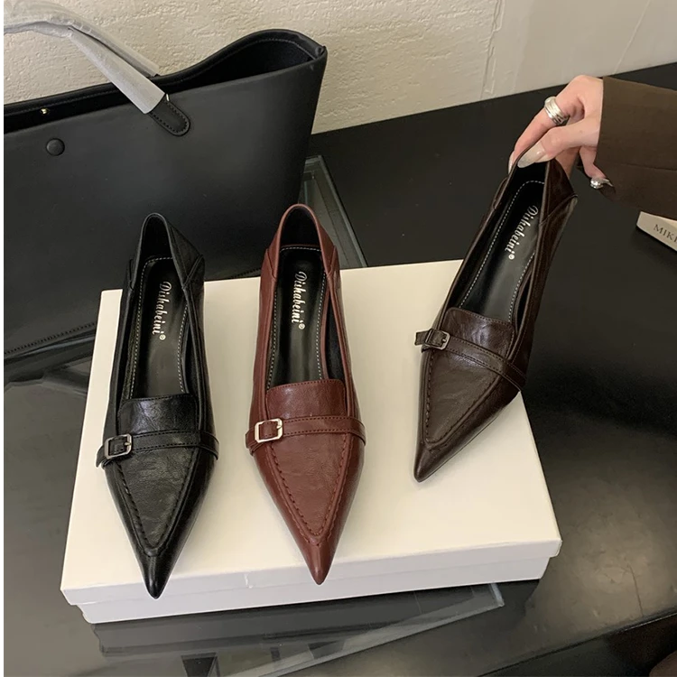 法式英伦风细跟小皮鞋女2025春季新款百搭尖头高跟鞋深口职业单鞋