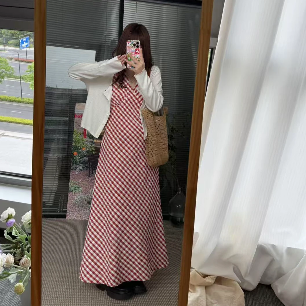 【鱼白专属】【运补6-10】复古格纹显瘦设计感连衣裙高级感挂脖裙