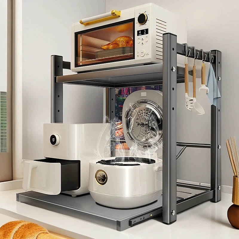厨房电饭煲置物架可抽拉式微波炉支架台面多功能电器烤箱收纳架子