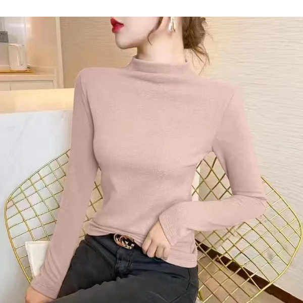 早春秋纯色保暖女内搭修身半高领显瘦长袖上衣洋气休闲德绒打底衫