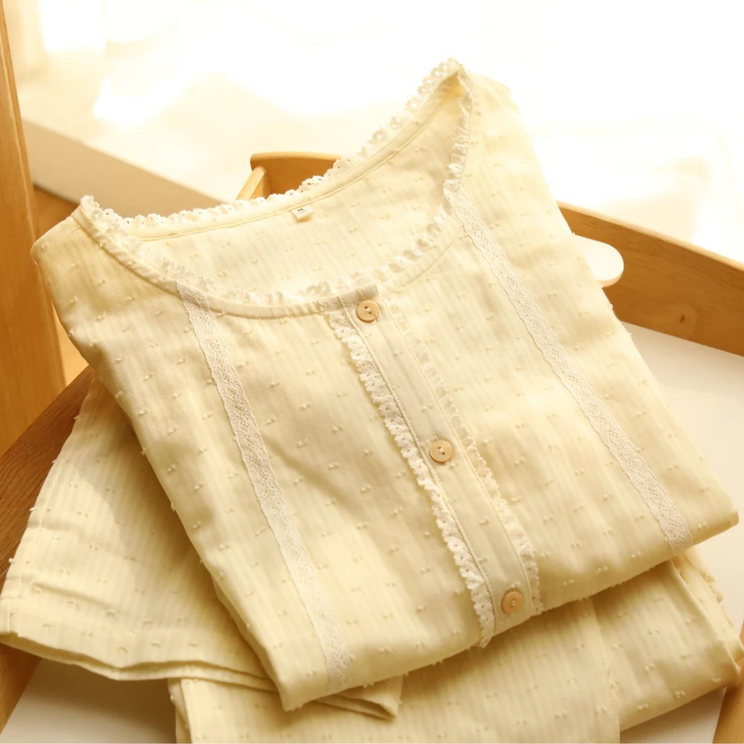 春夏女士纯棉纱布睡衣甜美精致短袖长裤家居服套装