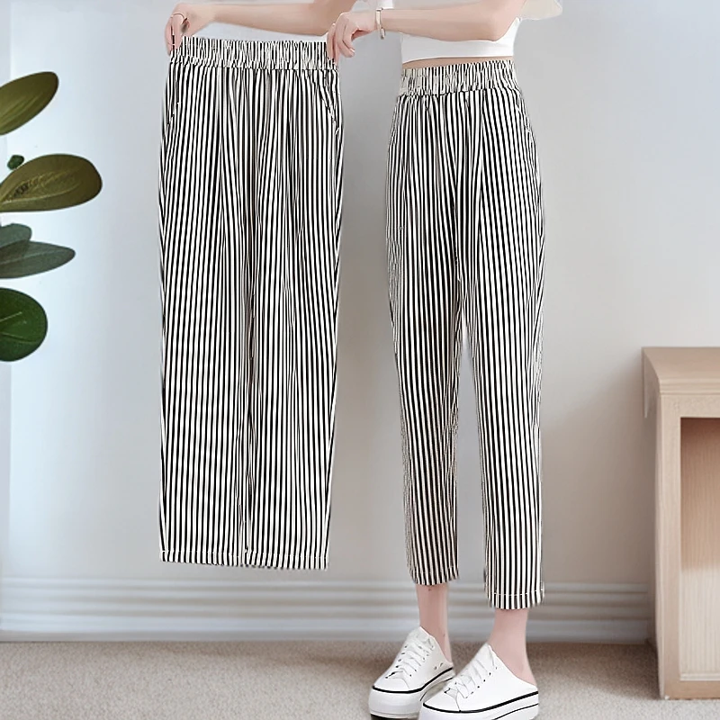 韩版休闲直筒中性风哈伦裤夏季外穿休闲裤宽松阔腿裤条纹薄款