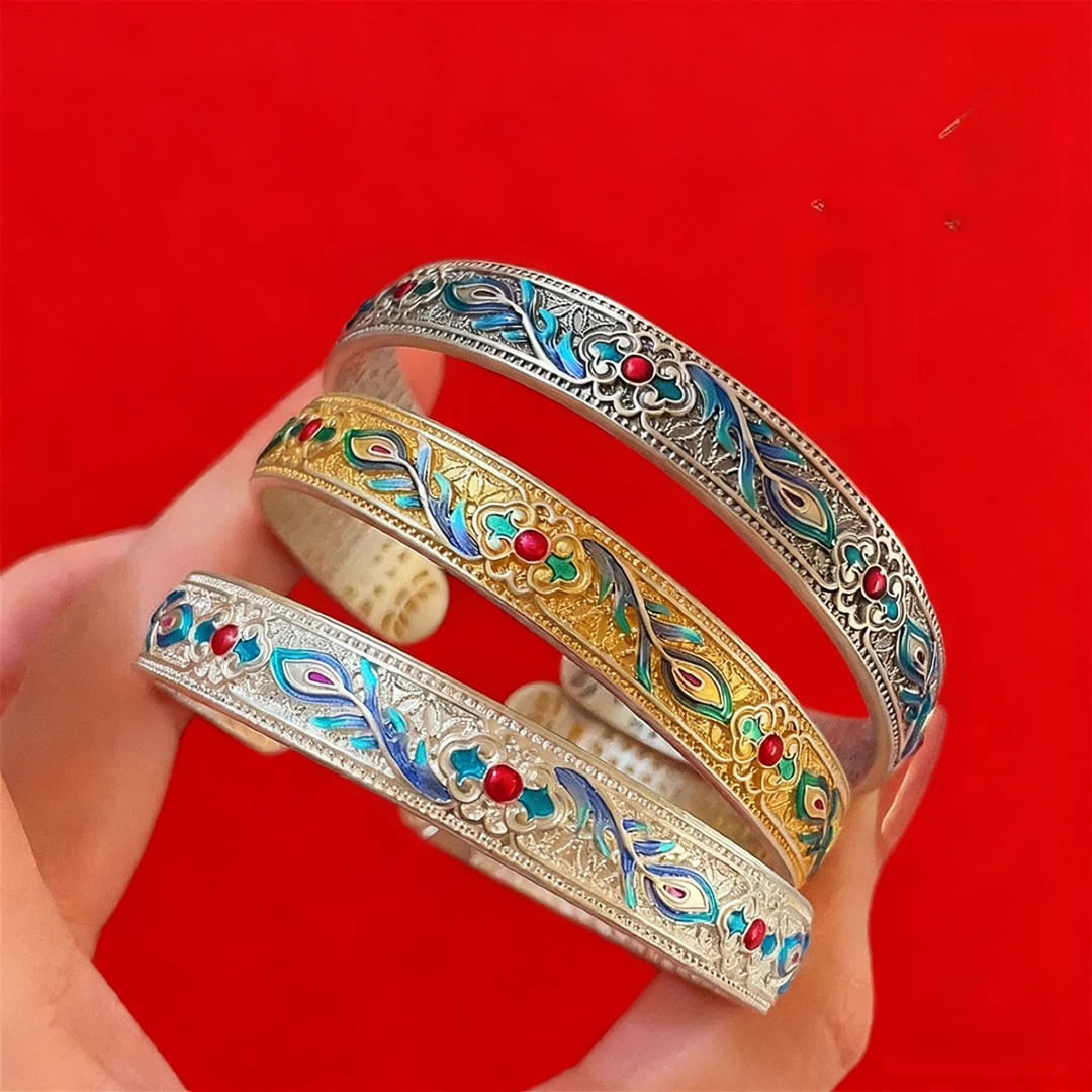999.9珐琅彩凤尾花开口手镯-描金/复古
