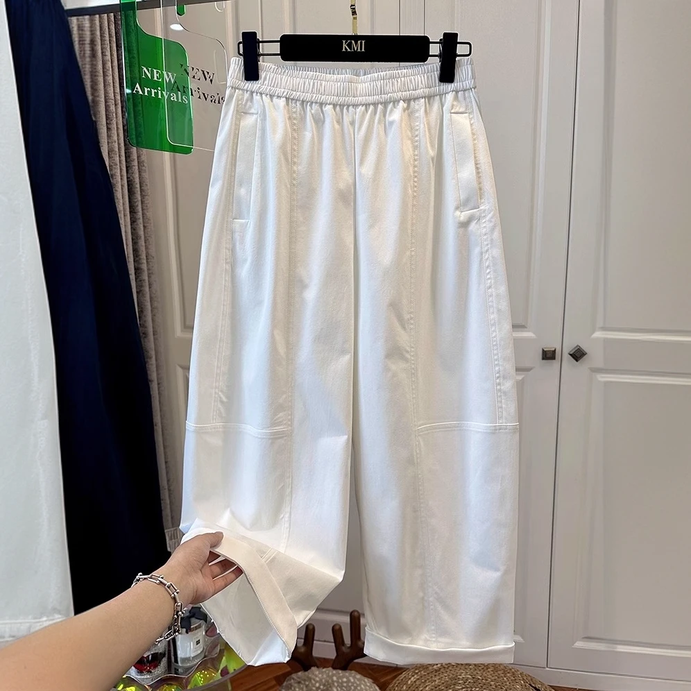 设计感小众松紧腰纯色褶皱宽松气球裤女休闲裤卷边遮肉2025夏新款