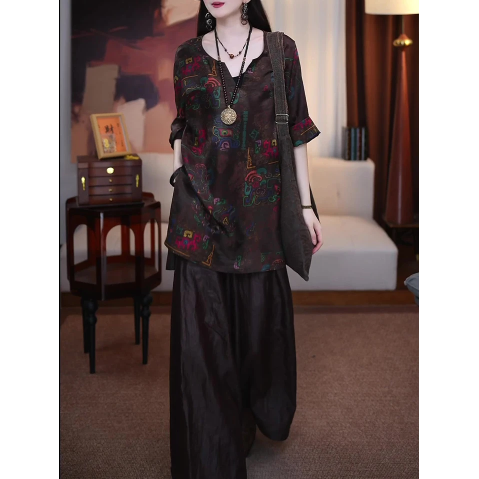 民族风时尚套装女2025夏装新款高贵阔太太宽松显瘦减龄上衣+长裤