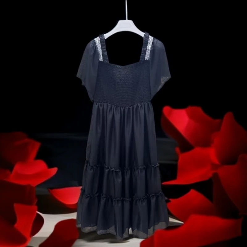 1620女神范黑色夏季气质时尚连衣裙拼接洋气蕾丝女装夏装长裙裙子