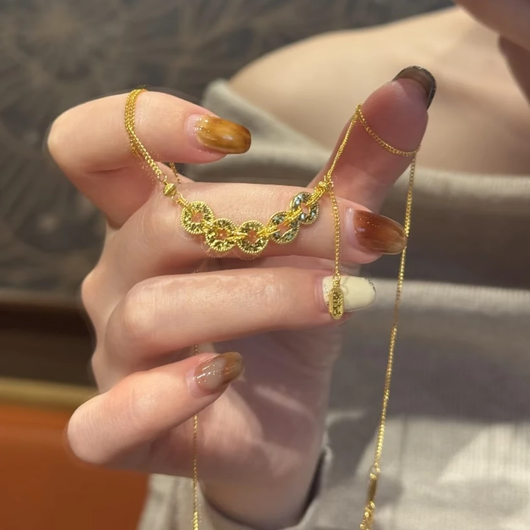铜合金项链 新中式爆闪碎碎冰五帝钱项链女款精美气质百搭不掉色