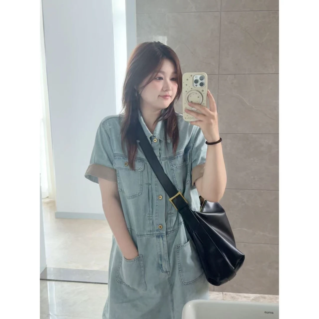 晶咕佳佳【薄荷盛夏】袖口撞色浅色水洗感牛仔连衣裙时尚休闲复古