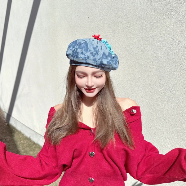 CREAMPP 原创民族定位晕染深浅渐变牛仔画家帽小红花流苏贝雷帽