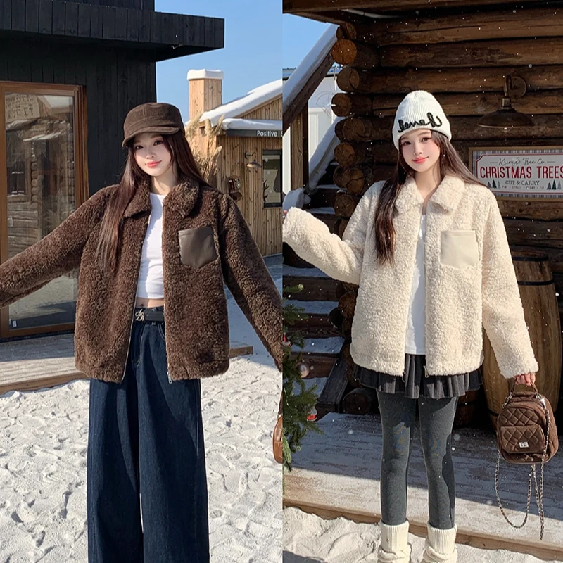 2025秋冬新款胖mm大码女韩系慵懒风翻领加厚保暖摇粒绒外套23336