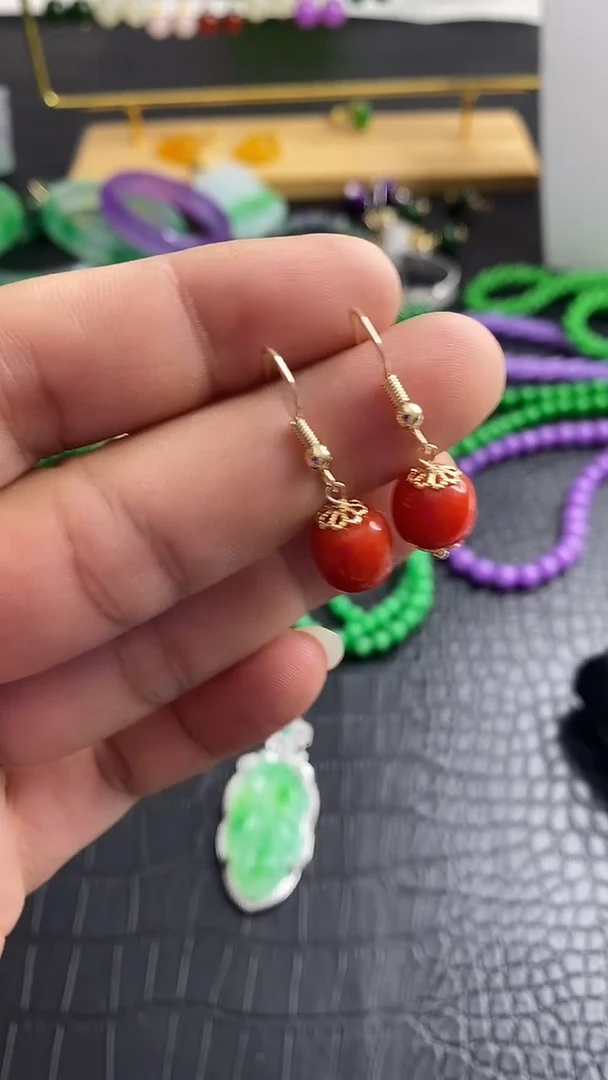 银S925镀金镶嵌南红玛瑙耳饰S045