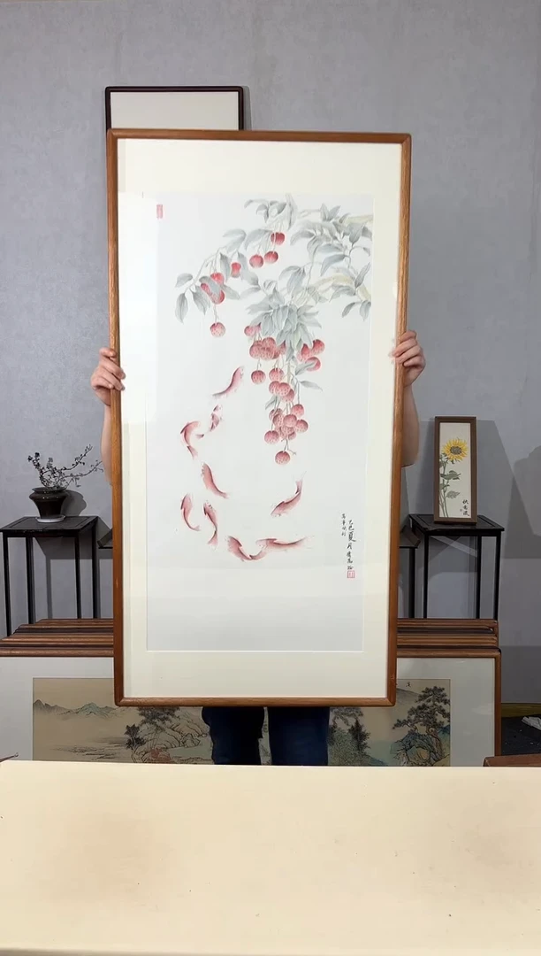 国画手绘*万事顺利（九鱼图）*62*122cm带框发货