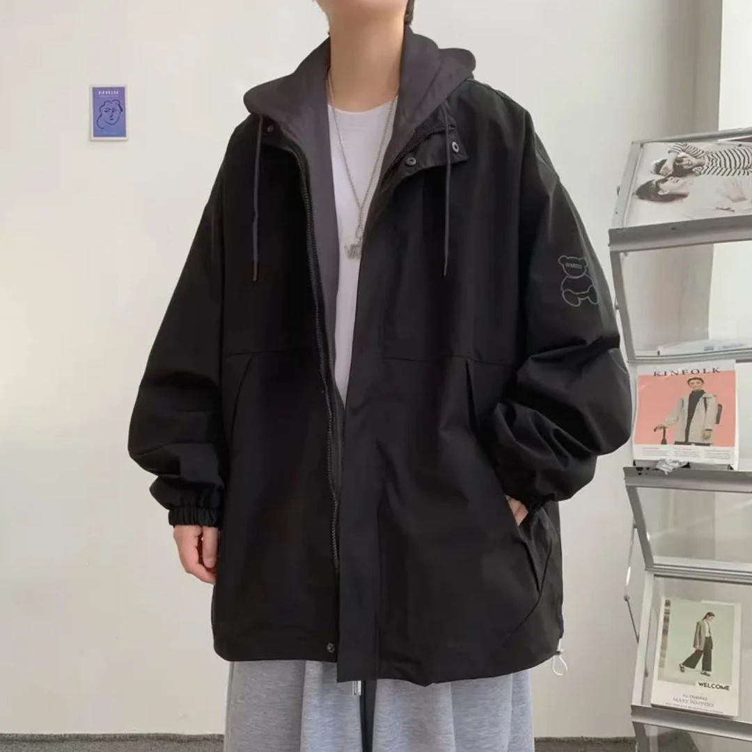 春秋新款连帽夹克假两件外套