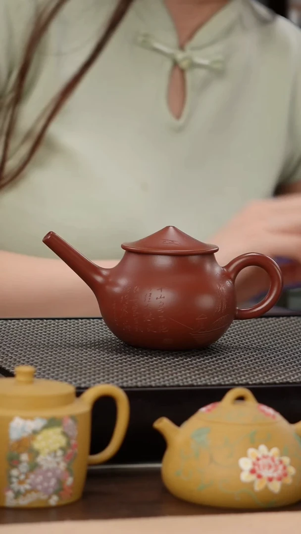 茶壶紫砂朱泥大红袍精工刻绘渔翁160cc