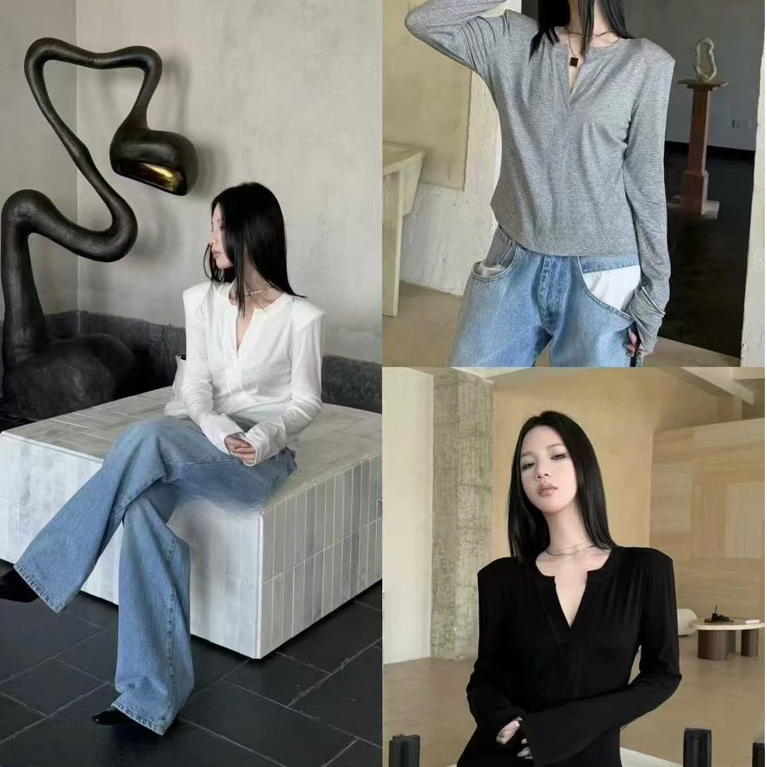 6573#垫肩面料细腻柔和天丝系列新品V领长袖T恤