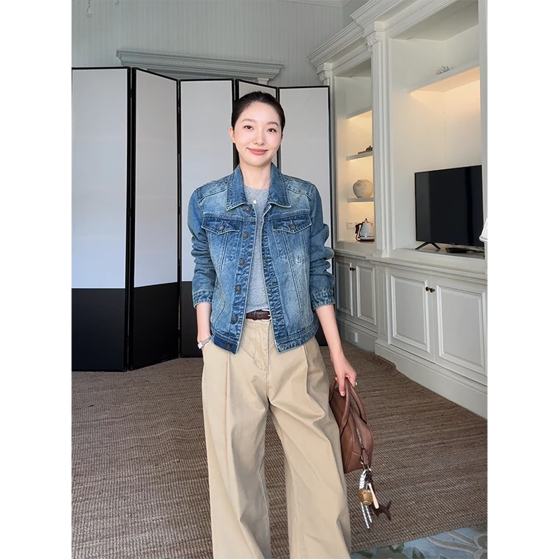 郭九九呢 棉美式复古休闲正肩水洗做旧显瘦牛仔短外套 G924Z10923