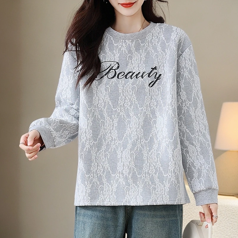 法式洋气时尚大码蕾丝长袖女款爆款新款百搭秋季字母印花卫衣T恤