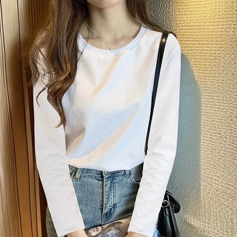 白色打底衫女爆款t恤春秋新款正肩显瘦内搭宽松圆领纯棉长袖上衣