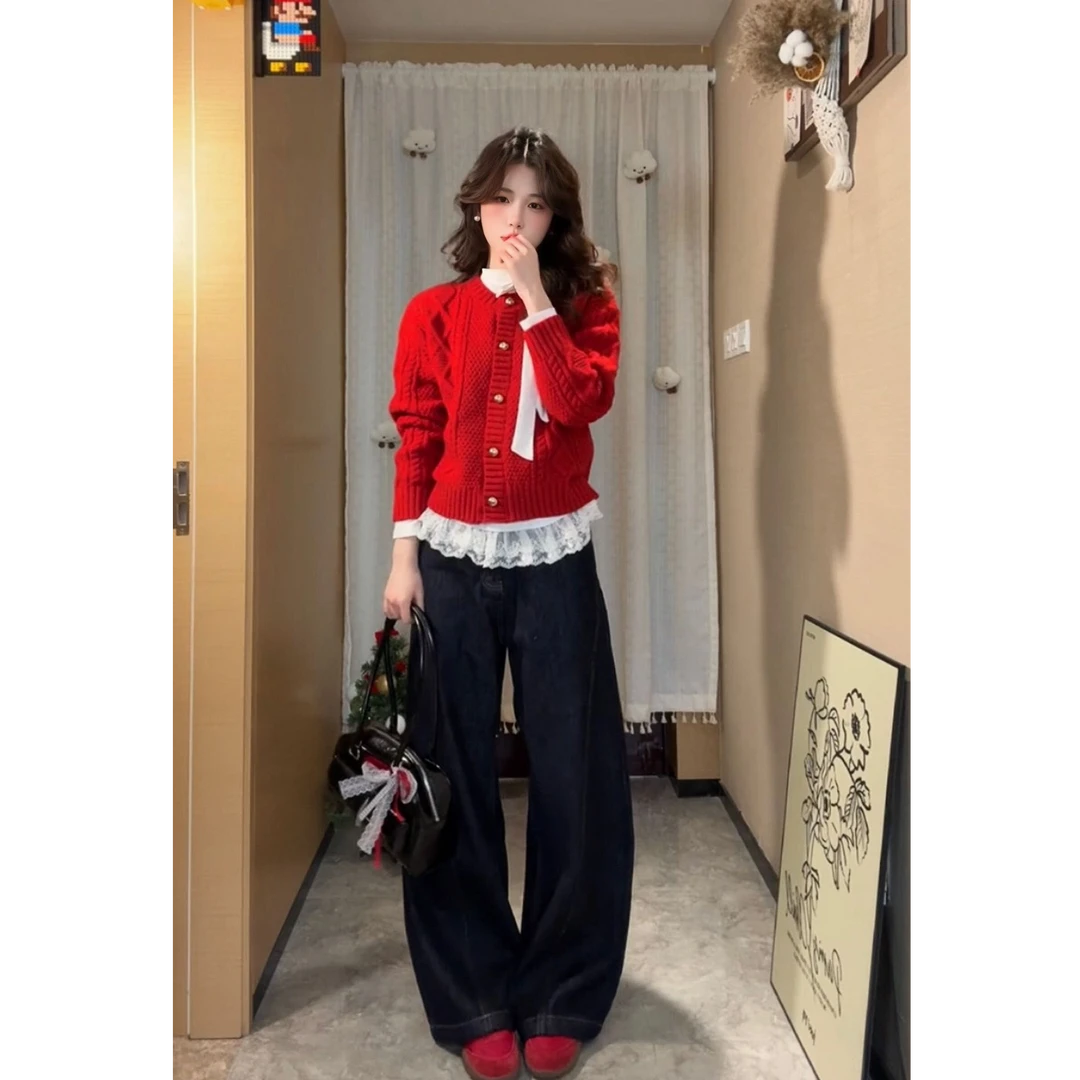 2025早春时尚新款减龄新年穿搭复古红显瘦洋气保暖针织开衫外套女