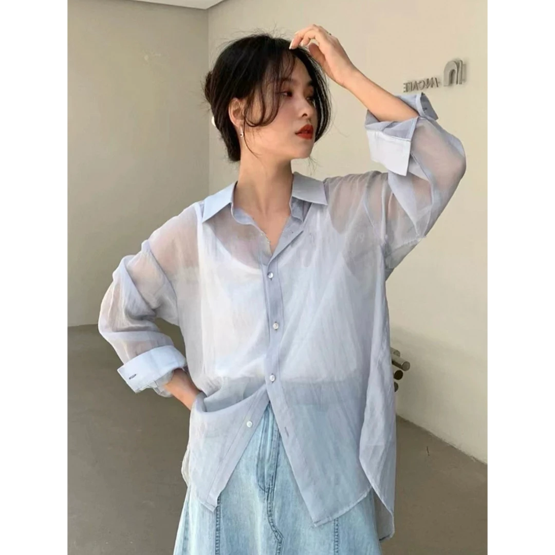 1402#凉感冰丝肌理感防晒衬衫女夏季轻薄飘逸休闲百搭长袖衬衣外