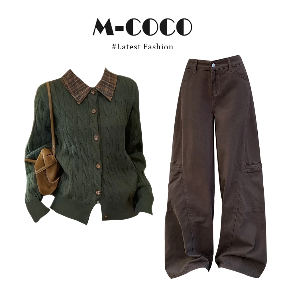 MARIE.COCO秋冬美式复古绿色格子针织衫毛衣搭配工装牛仔裤两件套