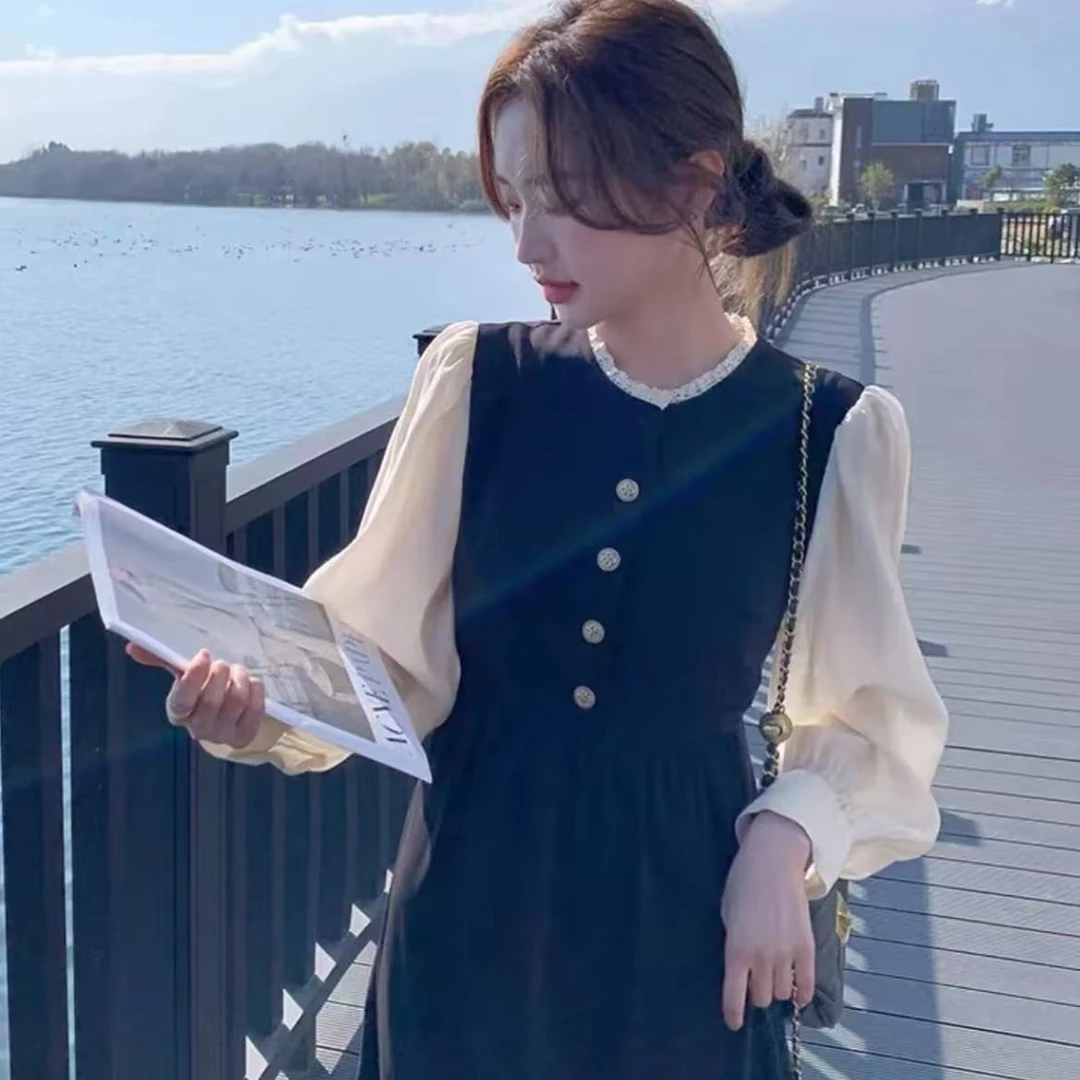 假两件法式黑色高级感连衣裙女春季2025新款气质名媛长袖显瘦裙子