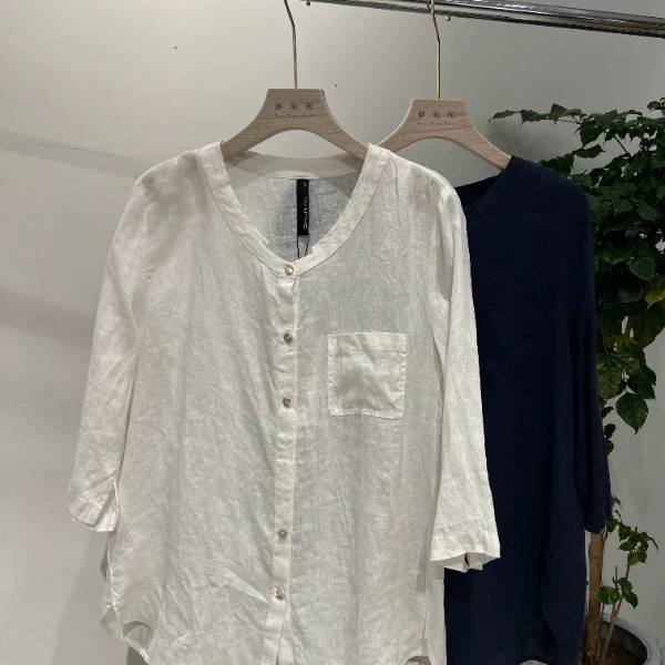 水淼夏装新款0682简约大方款胸口袋净面百搭七分袖衫