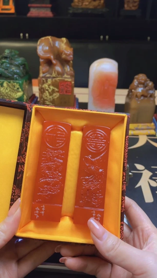 【闪购商品】寿山石印石红田龙凤对章